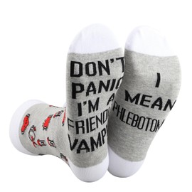 G2TUP Phlebotomist Socks Phlebotomy Technician Gift Don't Panic I'm a Friendly Vampire I Mean Phlebotomist Socks Phlebotomy Merch