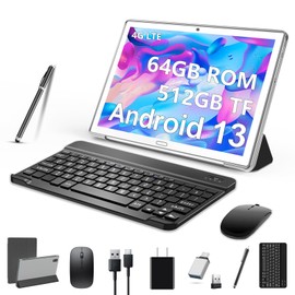 2023 Newest 10 Inch Tablet,2 in 1 Tablet with Keyboard Mouse, Android Tablet 4G Cellular with 2 SIM 1 SD-64GB ROM SD Max 512GB,Octa-Core,1080 FHD,13MP,GMS-Zertifizierung,GPS/ WIFI/ Bluetooth(Silvery)