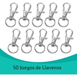 Ganchos para Llavero con Llaveros, Broches De Metal con Mosquetón Giratorios, para llavero con Cordón, Fabricación de Joyas, Manualidades - Plata (50 Ganchos Para Llavero + 50 Anillos De Llavero)