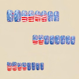 24Pcs July 4th Independence Day Press on Nails Medium Square Stars Red White Stipes Design Holiday Acrylic Nails Blue Artificial Stick on Nail Full Cover Patriotic Glossy Glue on Nails for Women