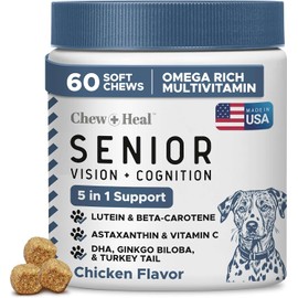Senior Dog Vision & Cognition Chews – 7-in-1 Multivitamin with Omega Fatty Acids, Vitamins & Botanicals – Eye Care & Memory Support – 60 Soft Chews – Made in USA