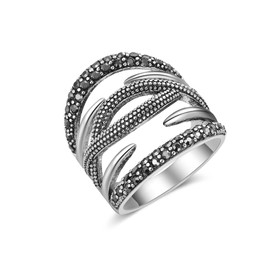 Mytys Retro Vintage Cocktail Rings for Women,Medieval Silver Chunky Cocktail Ring Black Marcasite Crystal Rings Antique Silver Big Stone Ring (Cross Criss Silver, 8)