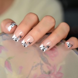 iMABC 24 Pcs Press on Nails Short Square Black White Flower Nude Petite French Tips False Nail Acrylic Fake Holographic Full Cover DIY Pre-design Glossy Manicure Gift for Women and Girls, 1.0 Fl Oz