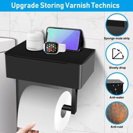 BOSOEI Toilet Paper Holder with Storage, Shelf of Bathroom Toilet Tissue Holder, Toilet Paper Roll Holder, Black Stainless Steel Wall Mount, No Installation & Flushable Wet Wipes Storage