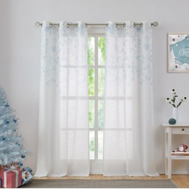 Central Park Leaf Floral Print Metallic Sheer Linen Window Curtain Panel for Rustic Living Room/Bedroom Sparkling Decorative 6 Grommets Top Drape Panels Farmhouse Curtains, Teal Blue,40" x 63"x2, 2 PK