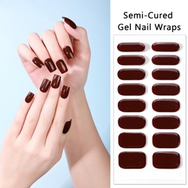 SILPECWEE Semi Cured Gel Nail Strips (Dark Red Solid - 16PCS), Gel Nail Stickers Full Nail Wraps Need UV Light, Salon Quality & Easy to Use - with Prep Pads, Nail File, Wood Stick