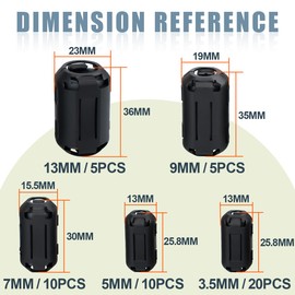 Innfeeltech 50 Pcs Ferrite Ring Core Set, Black Clip-on Ferrite Core for Cords 20 Pcs 3.5mm, 10 Pcs 5mm, 10 Pcs 7mm, 5 Pcs 9mm, 5 Pcs 13mm