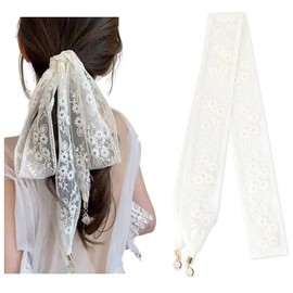 Kefley Lace Hair Ribbon Scarf Ties for Women Girls Edge Hair Scarf Headband Off-White Beige Bandanas Headbands for Women Ponytail Ribbons Lace Neckerchief Handbag Handle Wrap Head Band Hairbands