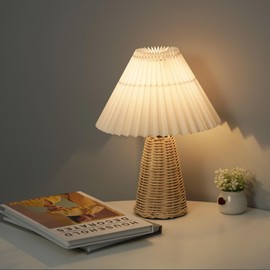 Small Pleated Table Lamp, Bedside Night Lamp with Rattan Base, Vintage Style Soft Warm Light, Fabric Shade Desk Lamp, Mini Lamp for Bedroom Home Office Decor