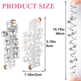 VARMDUKKE 4PCS Bead Spiral Hair Ties, Artificial Pearl Bead Phone Cord Ponytail Holders for Women, Elegant Rubber Hair Coils, Stylish Hair Accessories for Party, Daily Use - White, Silver Bead