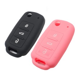 EYANBIS Silicone Key Fob Cover Fit for VW Volkswagen Jetta GTI Passat Golf Tiguan Touareg Beetle CC Eos Key Fob Flip 3 Buttons | Car Accessories | Remote Key Protection Case - Black & Pink