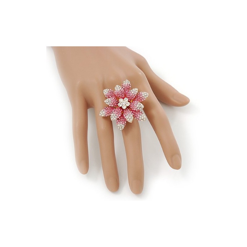 Avalaya Large Dimensional Clear/Pink Diamante Narcissus Cocktail Ring In Gold