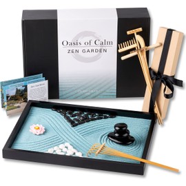 Oasis of Calm Zen Garden Kit. 11x8 Inch Beautiful Premium Japanese Decor Mini Meditation Gifts Set. Home, Office Desk Accessories. Zen Decor Sand Garden. Aqua Blue Sand, 6 Tools, 6 Features incl rocks