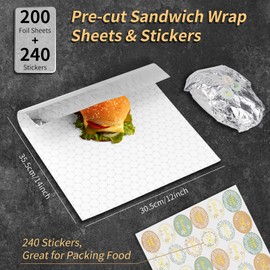 Roponan 12" x 14" Pre-Cut Insulated Sandwich Wrap Paper with Stickers, 200 Pack Aluminum Foil Sheets for Wrapping Hamburger, Taco, Hot-dog and Burrito, Laminated with Paper, Grease-Resistant
