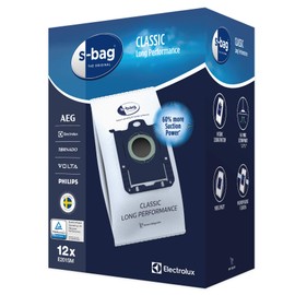 Electrolux E201SM s-bag Classic Long Performance Vacuum Cleaner Bags (Mega Pack, 12 Vacuum Cleaner Bags for Permanently High Suction Power, Optimal Filtration, Hygiene Closure, 60% More Suction Power, White)