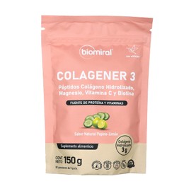 Biomiral Colagener 3 - Suplemento Alimenticio En Polvo - Péptidos de Colágeno Hidrolizado 150g - Magnesio, Vitamina C y Biotina - Fuente de Proteínas y Vitaminas - Sin Azúcar - Sabor Pepino Limón