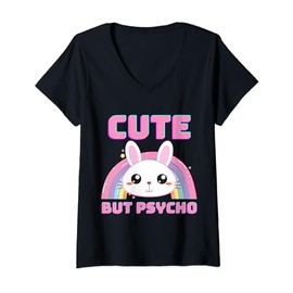 Women's Cute But Psycho Sweet Rainbow Bunny Funny Saying V-Neck T-Shirt, black