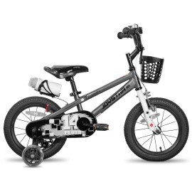 JOYKIE JOYSTAR HI-ten Steel Frame Kids Bike With Front Caliper and Rear Coaster Brake Bottle Holder Illuminated Training WheelsGender: Unisex, Color: Grey, Size: 12