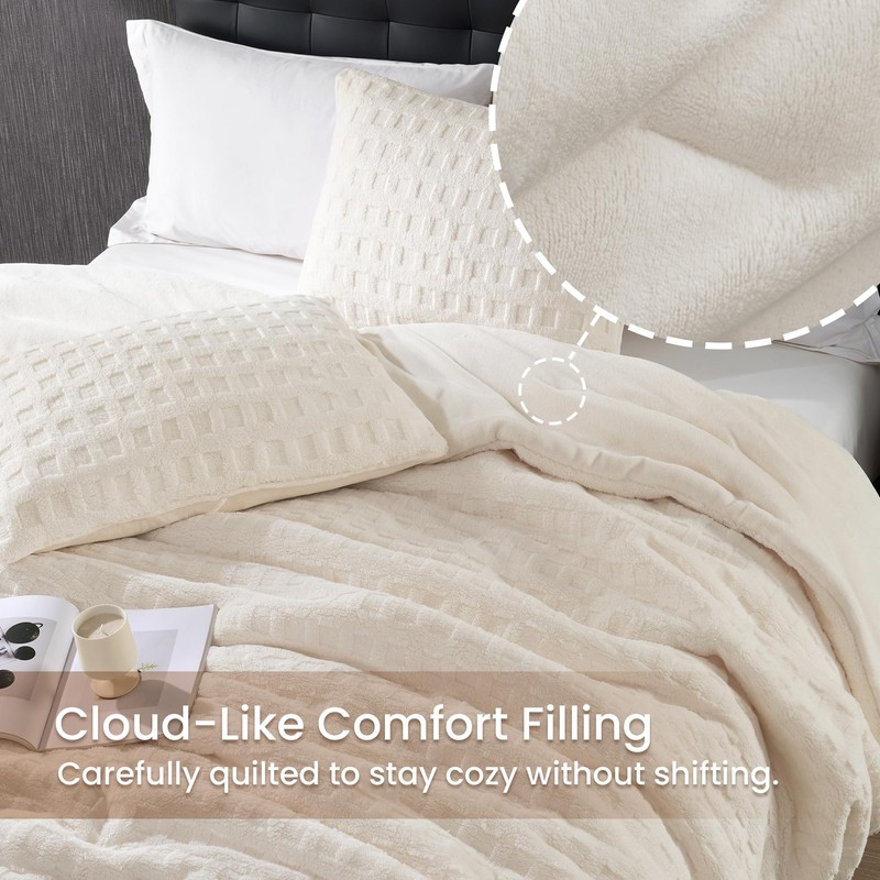 Amélie Home Plush Fleece Comforter Set Queen Size, Cream White
