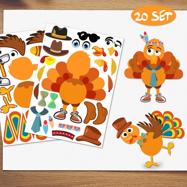 Make-A-Turkey Stickers Thanksgiving Party Games/Favors/Supplies For Kids Crafts - 20 Set