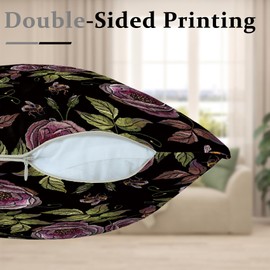 Black Gothic Floral Throw Pillow Covers, Purples Flower Dark Decorative Velvet Pillow case, Rose Hummingbird Pattern 4-Pack Double-Side Printed Pillowcases for Sofa Home Living Room, 18x18 in
