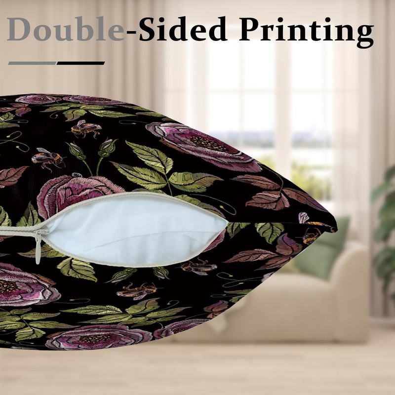 Black Gothic Floral Throw Pillow Covers, Purples Flower Dark Decorative