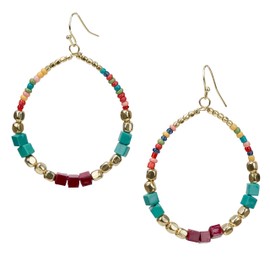 SPUNKYsoul Bohemian Multi-Colored Cube Beaded Hoop Earrings for Women (Teal/Red/Cube)
