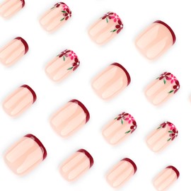 24Pcs Flower Press on Nails Short Square Fake Nails with Designs Red French Tip Full Cover Nail Tips Spring False Nails Artificial Acrylic Press ons Colorful Floral Stick on Nails for Women Manicure