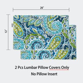 Magpie Fabrics Pack of 2 Outdoor Lumbar Pillow Case Covers 12"x20", Waterproof Rectangular Throw Pillowcase Shell Decorative Sham for Patio Garden Couch - Paisley Lapis Green