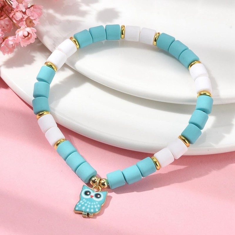 Hemasa Polymer Clay Column Beaded Stretch Bracelets Owl Charms For