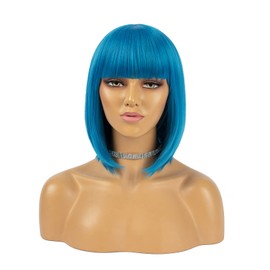 Short Straight Bob 12 Inch Ombre Blue Short Bob Wig with Bangs for Women Cosplay Wig Heat Resistant Synthetic Fibre Wig for Daily Use