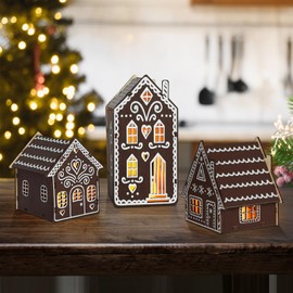 Pack of 3 Christmas Village with Lighting, Christmas House, Christmas Decoration House, Wooden House, Christmas Decoration, Indoor Mini Christmas Town, Outdoor Garden, Christmas Village (Coffee Colour