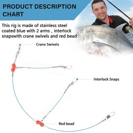 YOTO 12PCS Wire Trace Leader Rig Stainless Steel Fishing Rigs Tackle Lure Swivel Snaps Beads Connect Tackle Lures Rig or Hooks High-Strength Fishing Wire (12PCS Fishing Rigs 1 Arm)