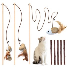 3 PCS Cat Wand Toys, 16 Inch Natural Wooden Cat Teaser Wand Toys with 5 PCS Silvervine Sticks for Cat, Interactive Cat Feather Wand Toy for Indoor Cats, Elastic String Cat Pole Toy with Bell, Feather