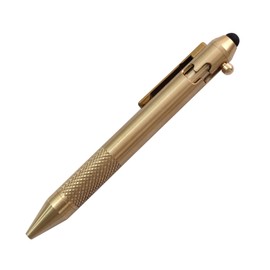 Cool Hand 4.9'' Brass Bolt Action Pen with Retractable Stylus Tip for Any Touch Screen, Ballpoint Ink Refillable, Compact Size, Skelton Out Deep Pocket Clip (Brass)