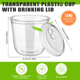 100 Sets Disposable Stemless Glasses With Strawless Sip Lids,PET Drinking Cups,Clear Plastic Coffee Cup for Iced Coffee, Smoothie, Cold Beverage, Drink Shop and Christmas Party Supply (Clear, 12 oz)