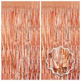 Rose Gold Party Birthday Decorations Foil Fringe Tinsel Curtain Backdrop Rosegold Groovy Party Decor Streamers Photo Booth Backdrops 2 Pack 3.3x8.2ft for Teen Girls Bachelorette Wedding New Year
