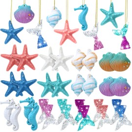 Yerliker 36 Adornos Colgantes con Temática Océano Multicolor Adornos Colgantes Surtido de Caballito de Mar Lápiz Dedo Estrella de Mar de Resina con Cuerdas para Decoración Boda Red de Pez