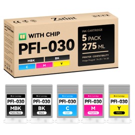 PFI-030 Pigment Ink Tank Kit 5-Pack 55ml High Capacity Replacement for Canon PFI-030 PFI030 Ink Cartridges Compatible for Canon imagePROGRAF TA-20 TA-30 TM-240 TM-340 Printer Black Cyan Yellow Magenta