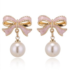 Faux Imitation Pearl Pink Bowknot Dangle Drop Earring Stud