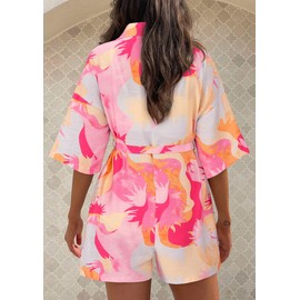 PRETTYGARDEN Womens Rompers for Summer 2025 Beach Vacation Clothes Short Sleeves Floral Jumpsuits Beach Cover Up(Pink,Medium)