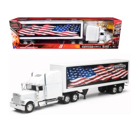 DCD Freightliner Classic XL Truck 1/32 Scale Diecast Toys White with Dry Van Trailer & Patriotic 'Long Haul Truckers' Graphic