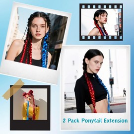 2 Pack Red and Blue Ponytail Extension with Tie, 26 Inch Tinsel Colored Braided Ponytail for Cosplay & Party, DIY Festival Wacky Rave Braids, Red and Blue