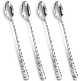 KEAWELL Premium Louise Hammered Long Handle Iced Tea Spoons: 4-Piece/8-Piece Set, 18/10 Stainless Steel, Long Teaspoons, Long Coffee Spoons, Brightly Mirror-Polished, Dishwasher Safe (4, 9 inches)