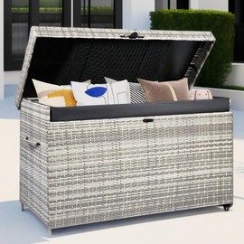 THINK 30 200 Gallon Wicker Deck Box with Wheels, All-Weather Outdoor Storage Box, Rattan Storage Bin for Patio Furniture, Outdoor Cushions, Pool Storage and Garden Tools, Grey