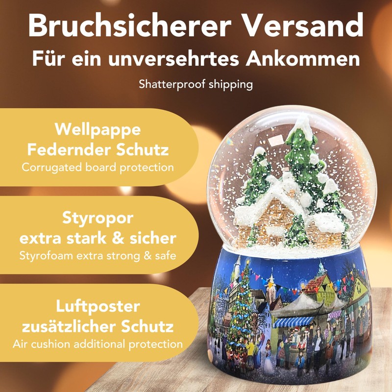 Snow globe Christmas music box, winter hut, base Christmas market