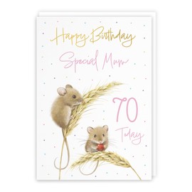 Hunts England - 70th Mum Cute Harvest Mice Gold Foil Birthday Card - A5 Size - Adorable Mouse On Wheat, Colourful Nature Design - Age 70 Happy Birthday Mum Card - Milo's Gallery