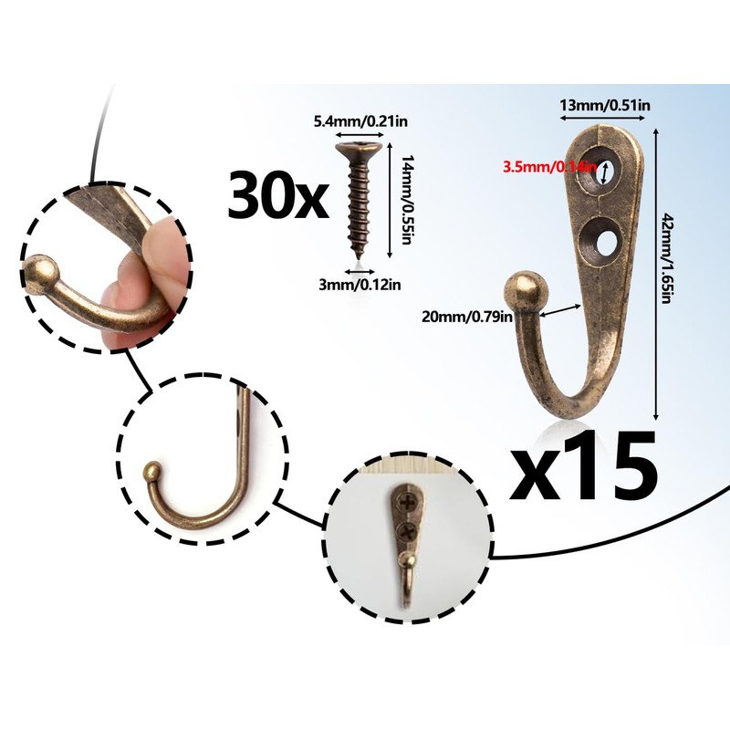Lhbwhiz Pack of 15 hooks, mini coat hooks, key hooks,