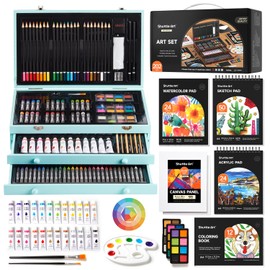 Shuttle Art Deluxe Gift Art Kit, 202-Piece Wooden Art Supplies Set with 4 Drawing Pads, Canvases, Coloring Sheets, Acrylic Paint, Crayons, Oil Pastels, Colored Pencils for Kids