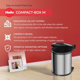 Hailo Compact-Box M Trash Can, 4 Gallon, Lid-Lift, Small Kitchen Bin, Stainless Steel